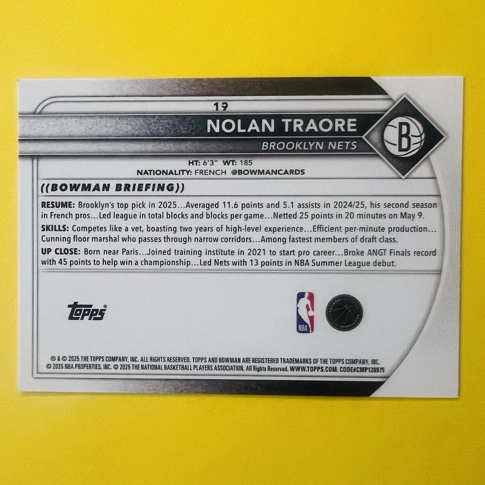 2025-26 Bowman‎ Basketball Nolan Traore RC Rookie Card #19 Brooklyn Nets